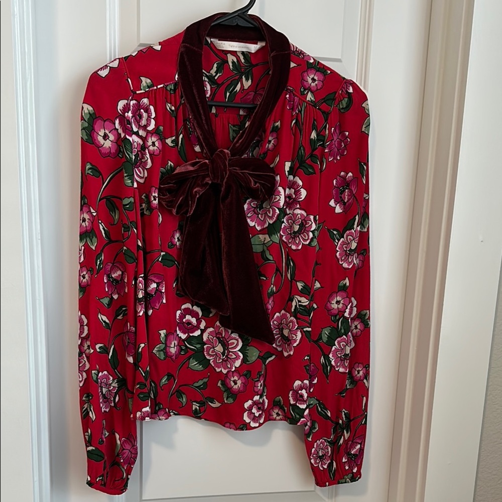 Floral Red Blouse with Velvet Bow